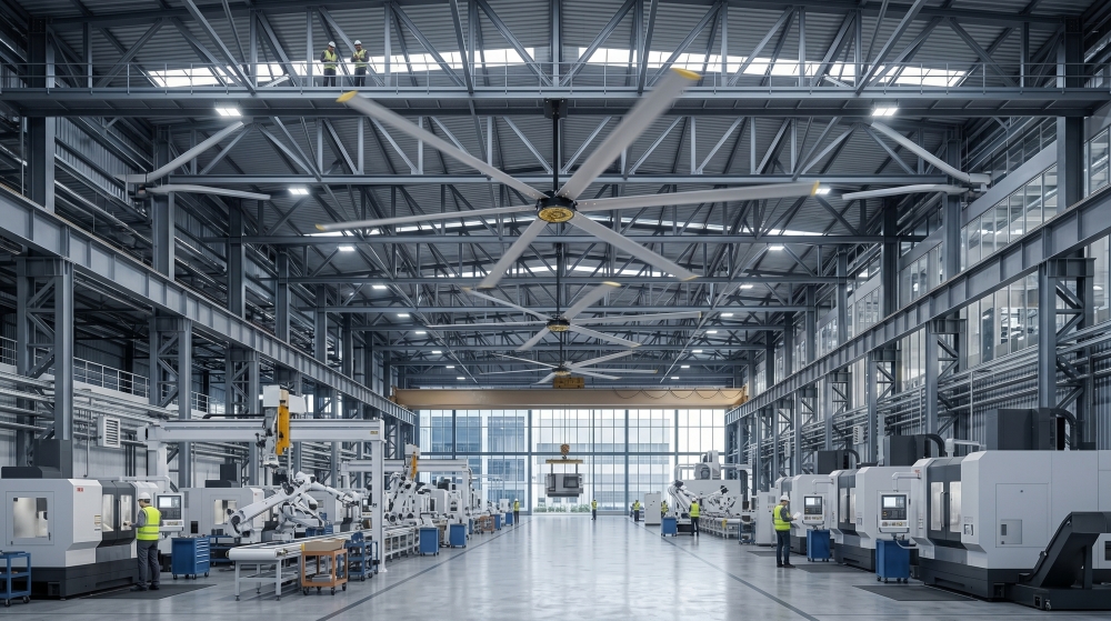 Technical audit visualization: A massive Industrial Ceiling Fan (HVLS) with specialized 6063-T6 aluminum airfoils operates above a factory. The direct-drive PMSM motor manages thermal stratification across the extensive steel truss structure and machining center zone, as plant workers monitor production from a high-altitude platform. Technical audit visualization: A massive Industrial Ceiling Fan (HVLS) with specialized 6063-T6 aluminum airfoils operates above a factory. The direct-drive PMSM motor manages thermal stratification across the extensive steel truss structure and machining center zone, as plant workers monitor production from a high-altitude platform.